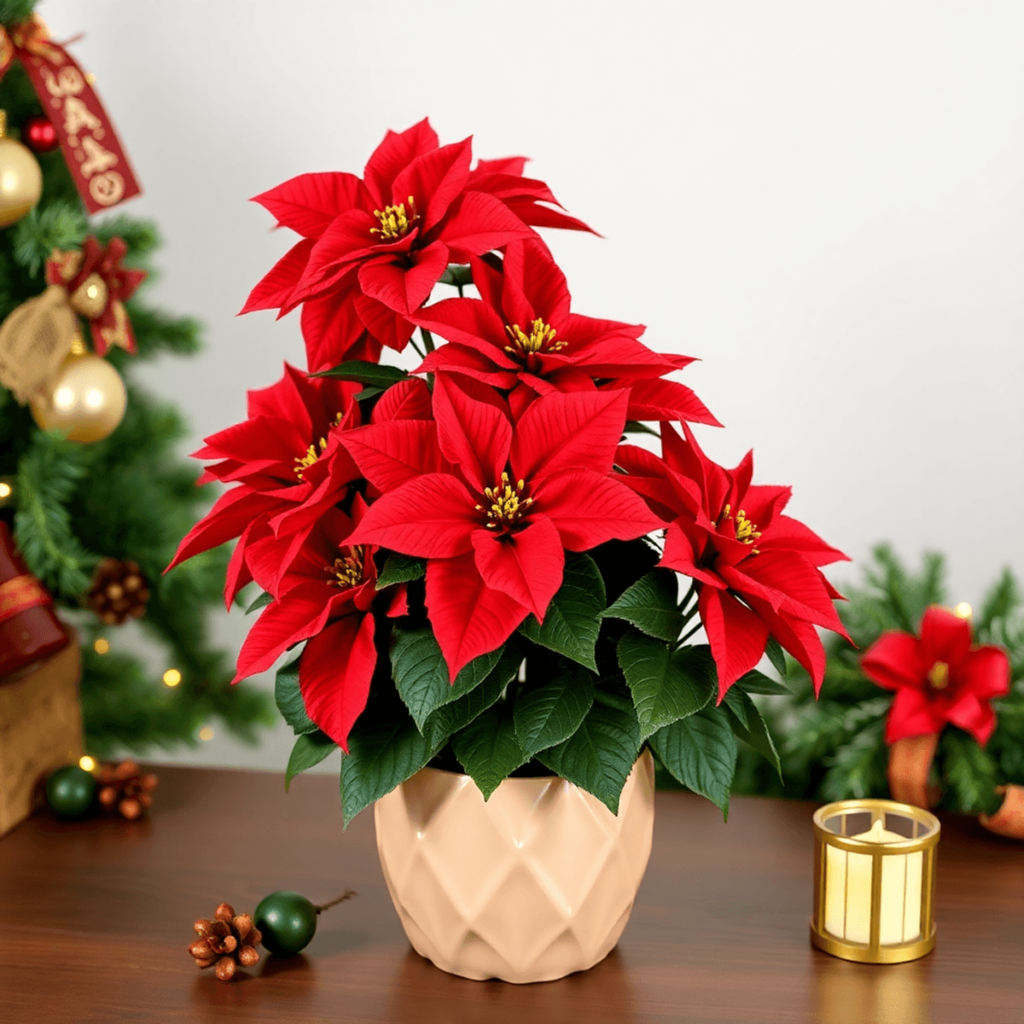 Poinsettia merah cerah dalam pot dekoratif, dikelilingi ornamen Natal seperti pita, lampu, dan salju, menciptakan suasana hangat dan meriah